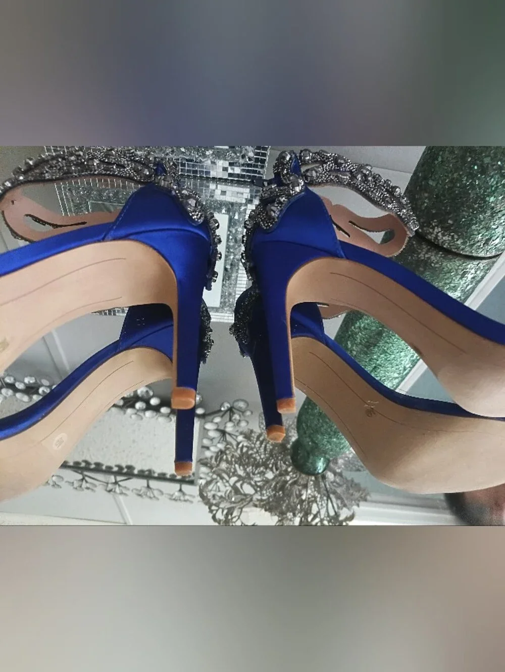 Satin Royal Blue Open-Toe Heels with Crystal Embellished Ankle Strap